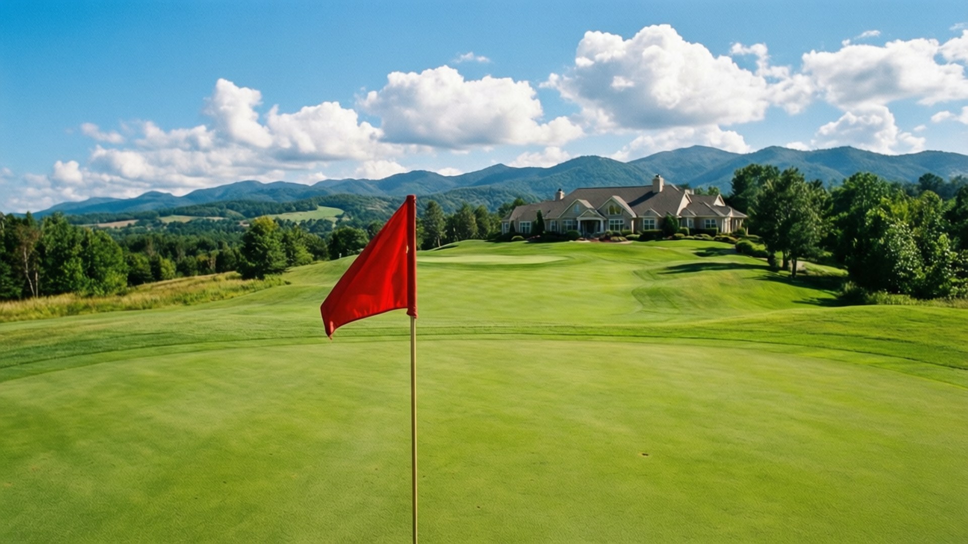 Flag on the Fairway 壁紙 — 一面鮮紅色的旗幟標記著球洞，位於翠綠的高爾夫球場上，背景有宏偉的房子和連綿的山脈，天空湛藍，白雲朵朵。
