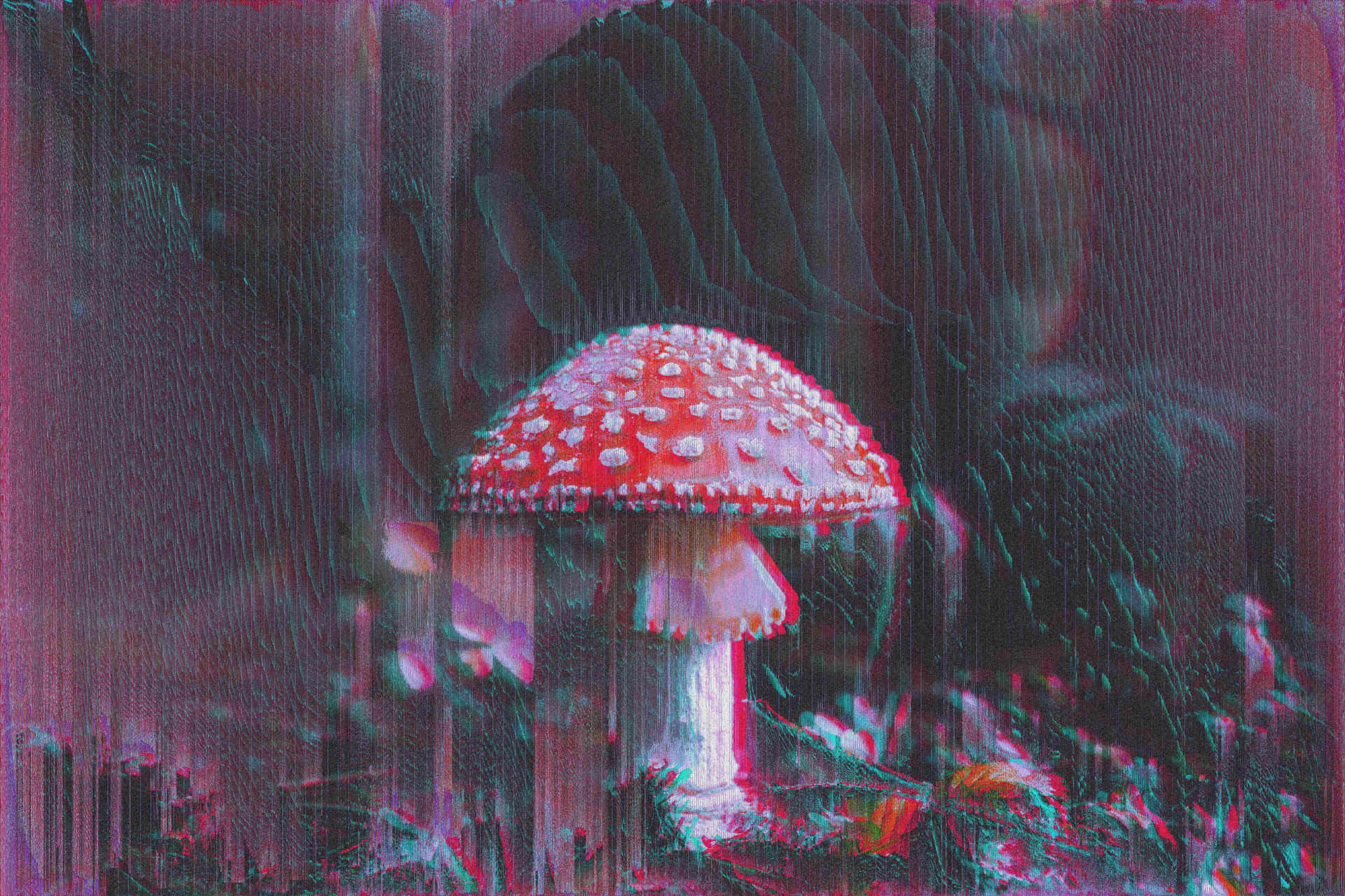  壁紙 — 在黑暗的森林中，一個帶有白色斑點的鮮紅色蘑菇在故障數位扭曲下發光。