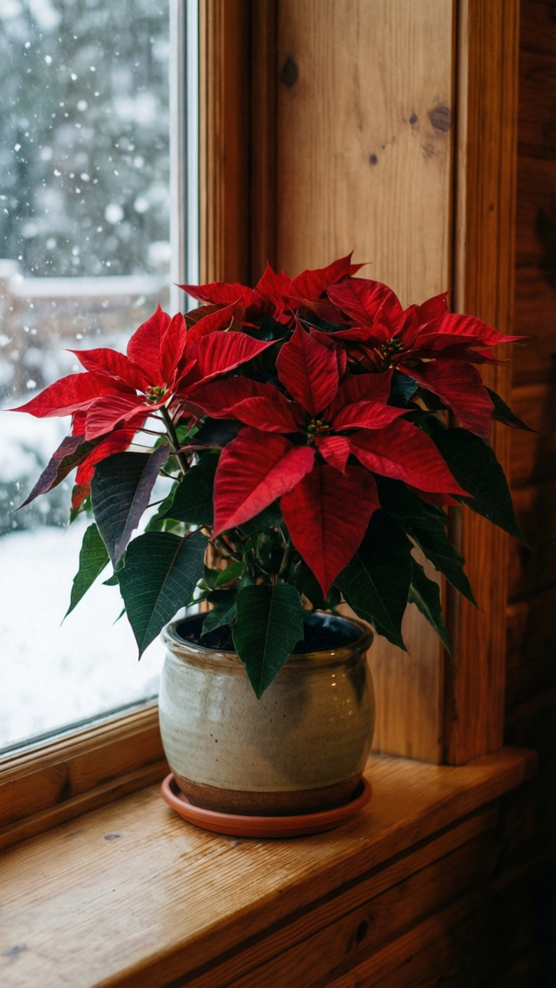 Snowy Window Poinsettia 壁紙 — 一盆鮮紅色的聖誕紅放在陶瓷花盆中，置於木製窗台上，窗外雪花飄落。