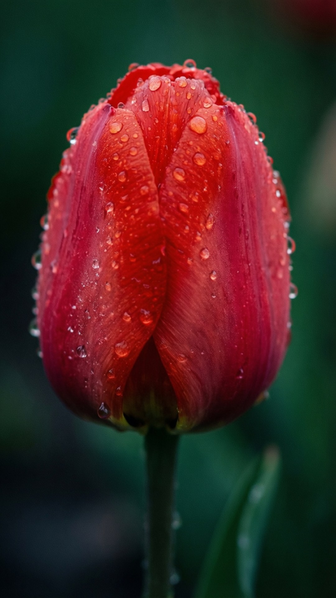 Red Dew Tulip 壁紙 — 一朵鮮紅的鬱金香花蕾在柔和模糊的綠色背景下閃爍著露珠。