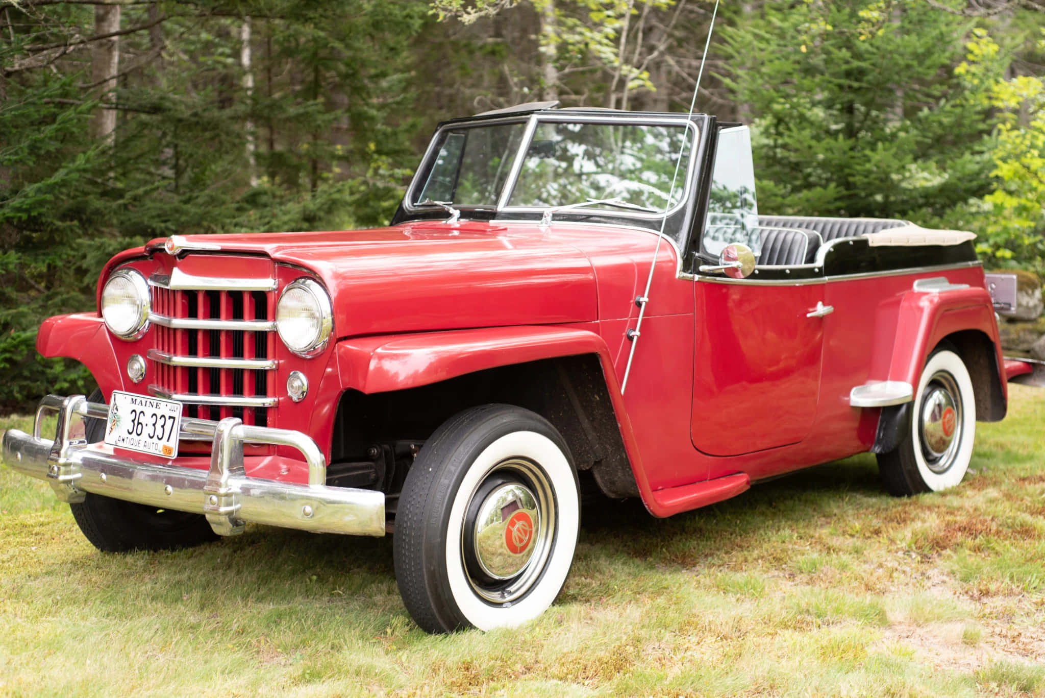 Jeepster 桌布 壁紙 — 一輛鮮紅色的復古Jeepster敞篷車停在草地上，背景有樹木。