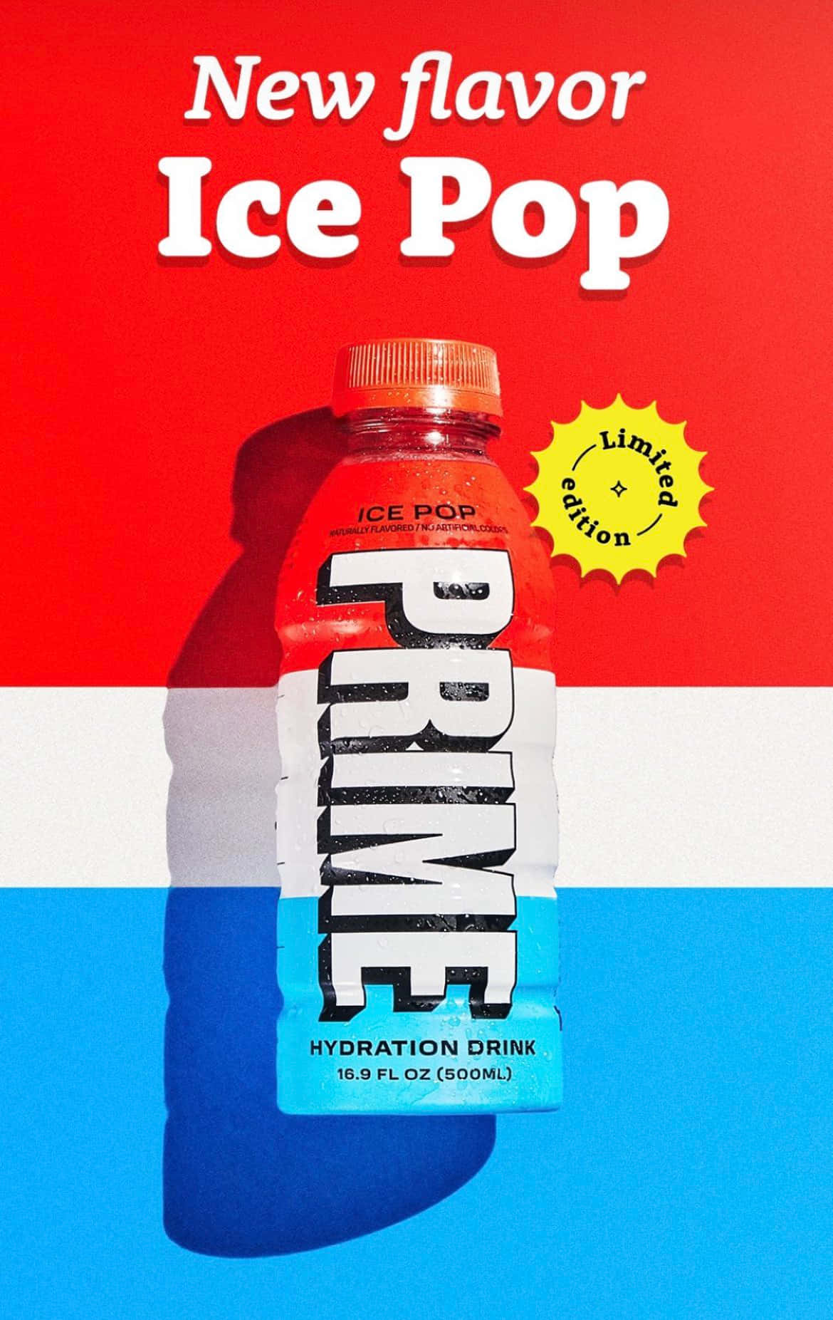  壁紙 — 充滿活力的紅、白、藍背景突顯了一瓶大膽的Prime Ice Pop保濕飲料，並帶有限量版貼紙。