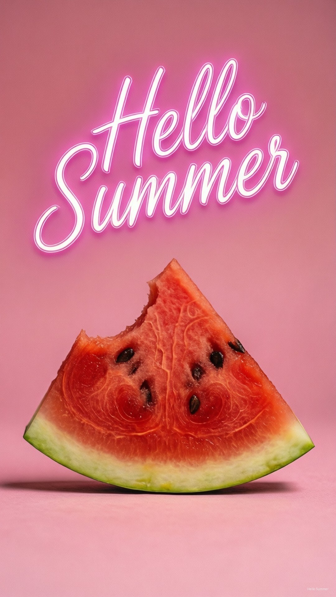 Watermelon and Quote 壁紙 — 一塊帶有黑色種子的鮮豔西瓜片，放在柔和的粉紅色背景上，下方是發光的粉紅色霓虹燈文字，寫著「哈囉夏天」。