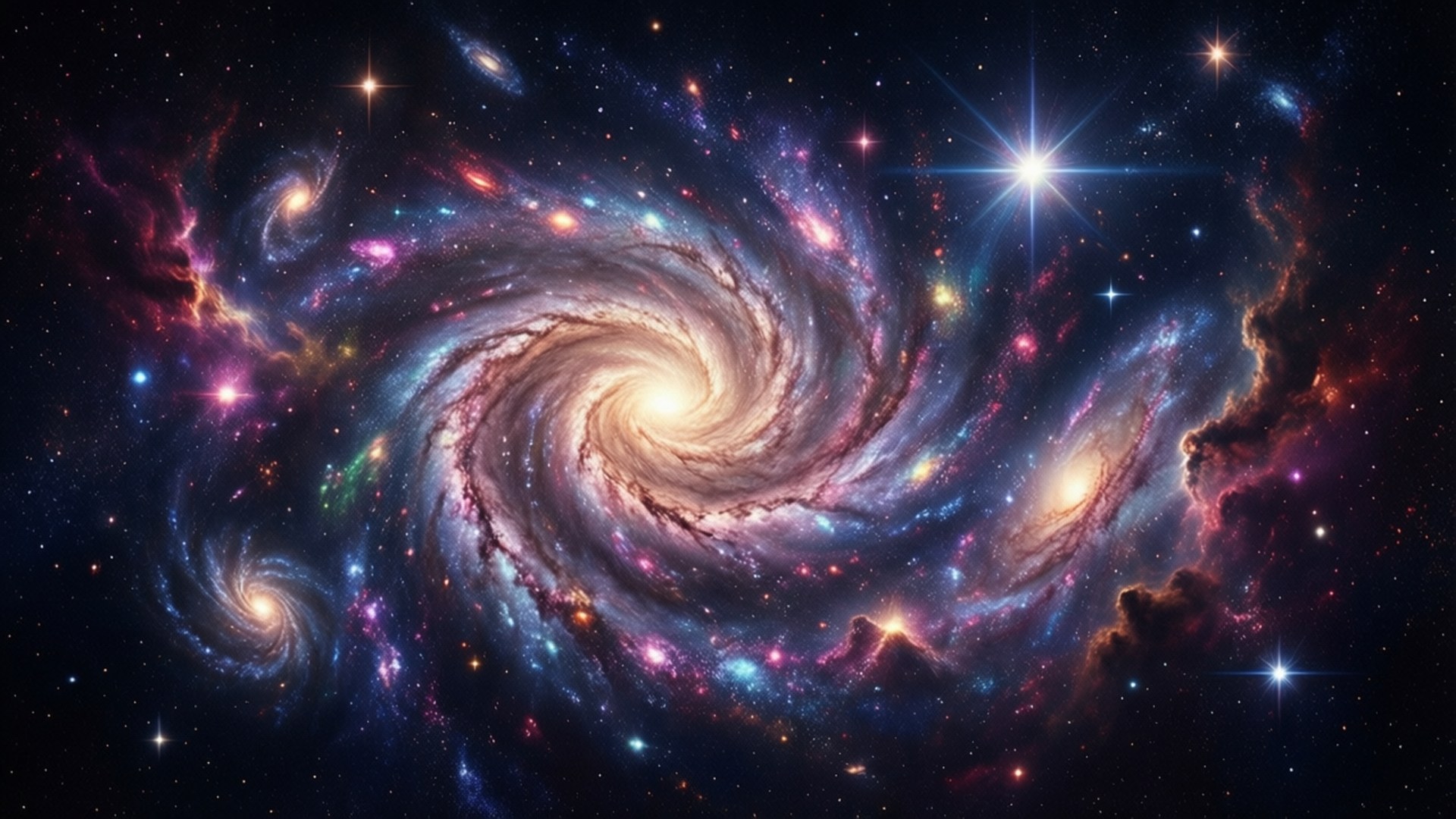 Galaxy Spiral 壁紙 — 一個充滿活力的螺旋星系在深邃的黑色虛空中旋轉，伴隨著宇宙塵埃和發光的恆星。