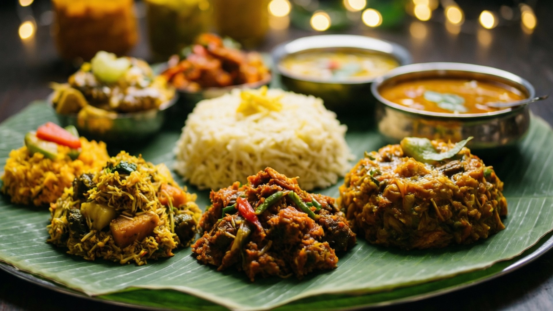Onam 桌布 壁紙 — 蕉葉上色彩繽紛的印度菜餚，背景是溫暖的散景燈光。