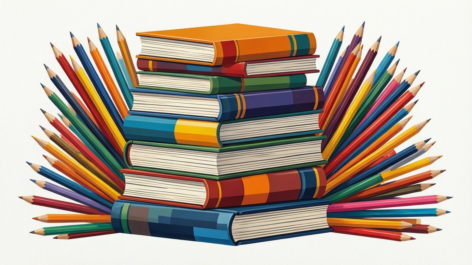 Books and Pencils Abstract 壁紙 — 一堆色彩繽紛的書籍，周圍環繞著放射狀的多色鉛筆，背景樸素。