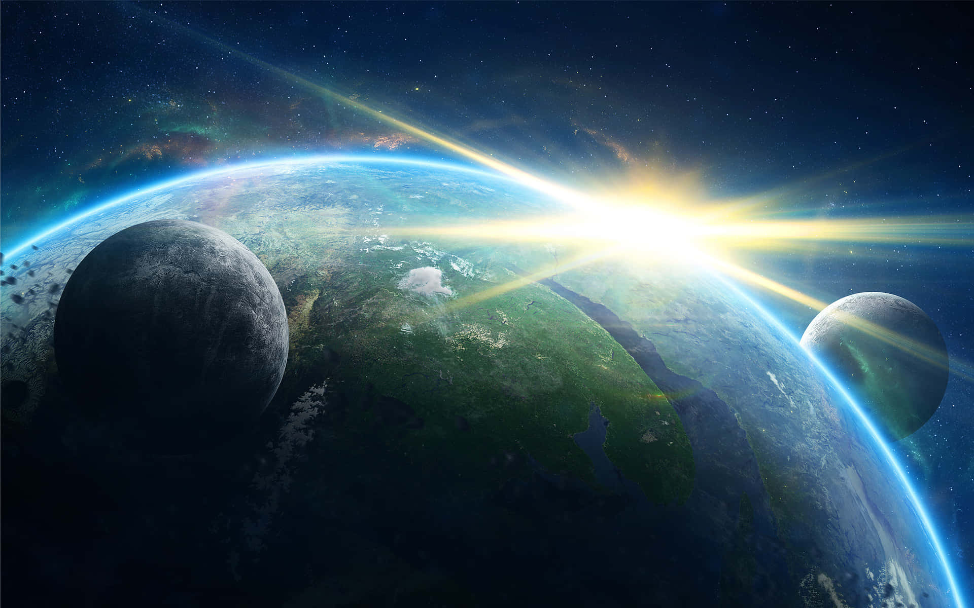  壁紙 — 充滿活力的日出照亮了一顆藍綠色行星，它有兩顆衛星，背景是繁星點點的宇宙。