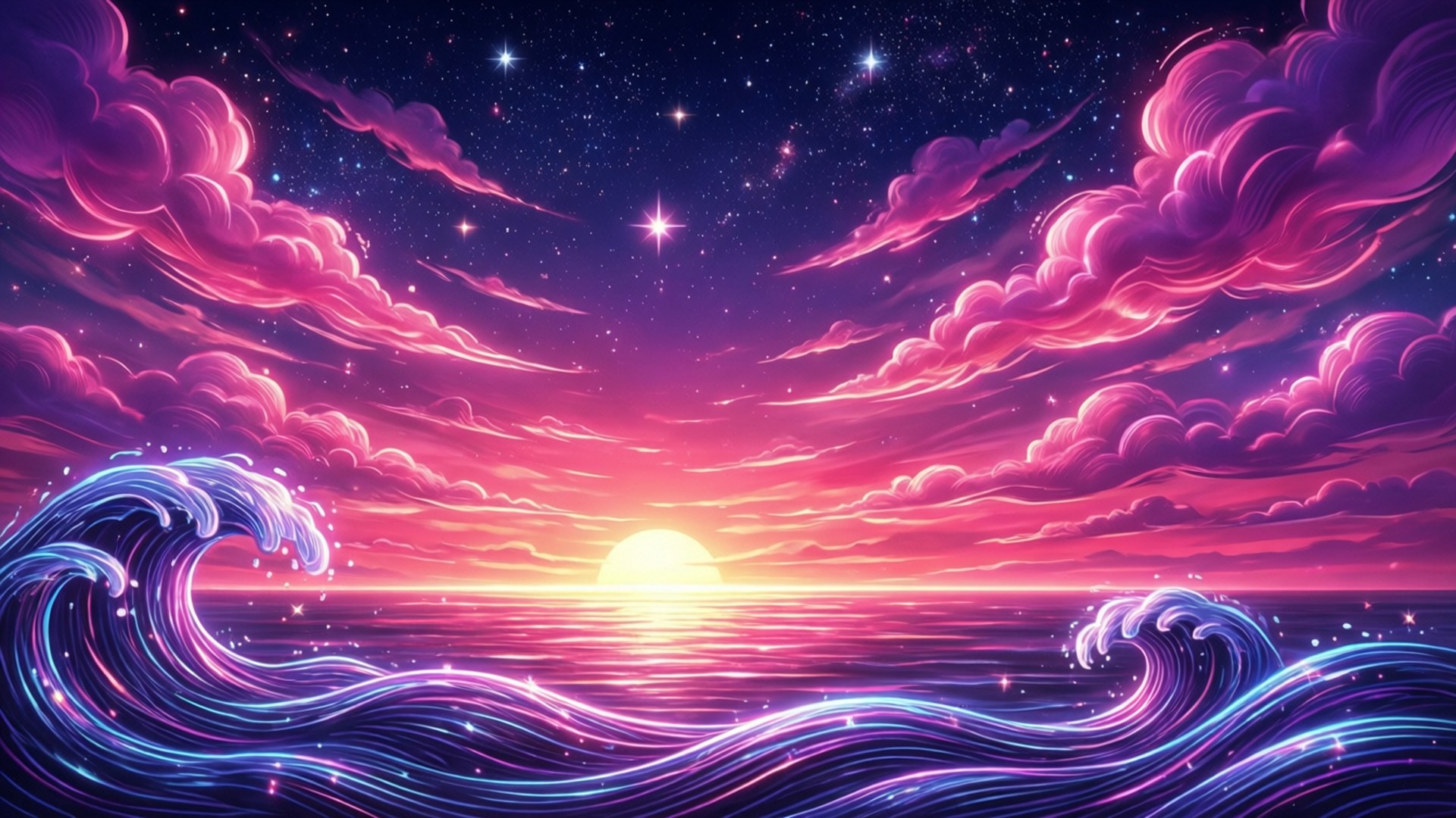 跑酷 桌布 壁紙 — 星空下，海洋上充滿活力的日落，帶有發光的粉紫色雲彩和閃爍的波浪。
