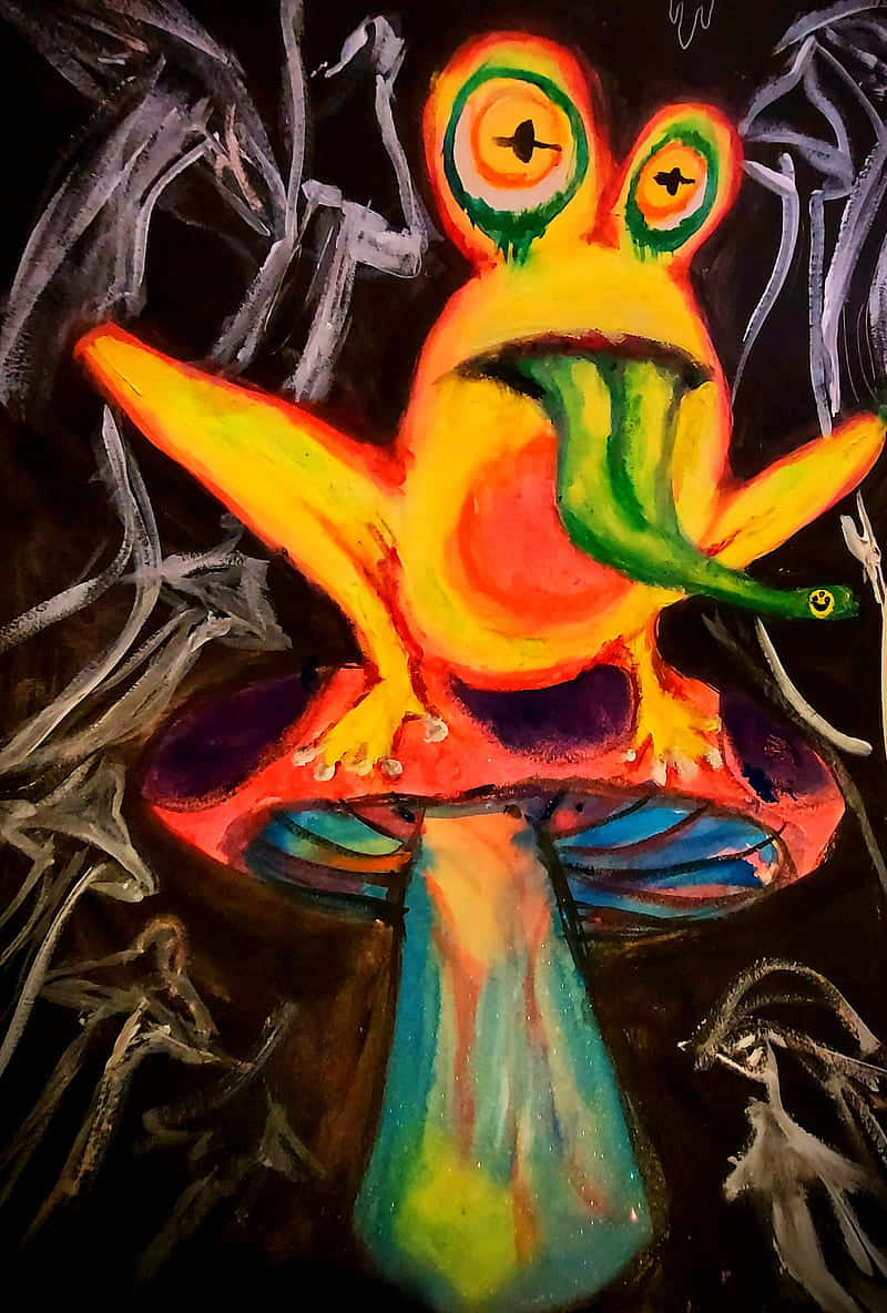  壁紙 — 一隻色彩鮮豔的超現實青蛙，眼睛發光，棲息在色彩繽紛的蘑菇上，背景為深色抽象。