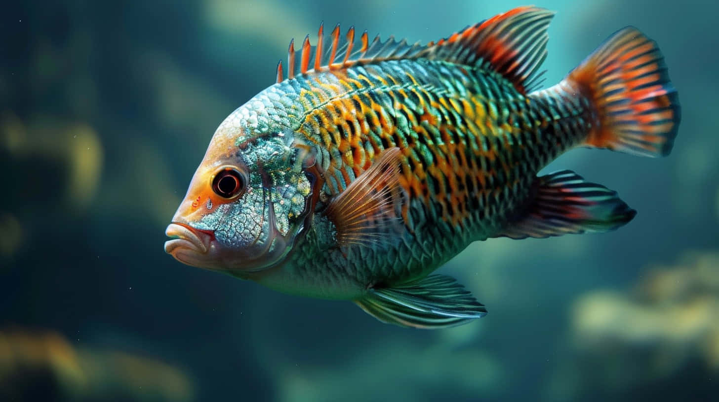  壁紙 — 一條色彩鮮豔的熱帶魚，帶有虹彩鱗片和橙色魚鰭，在渾濁的藍綠色水中優雅地游動。