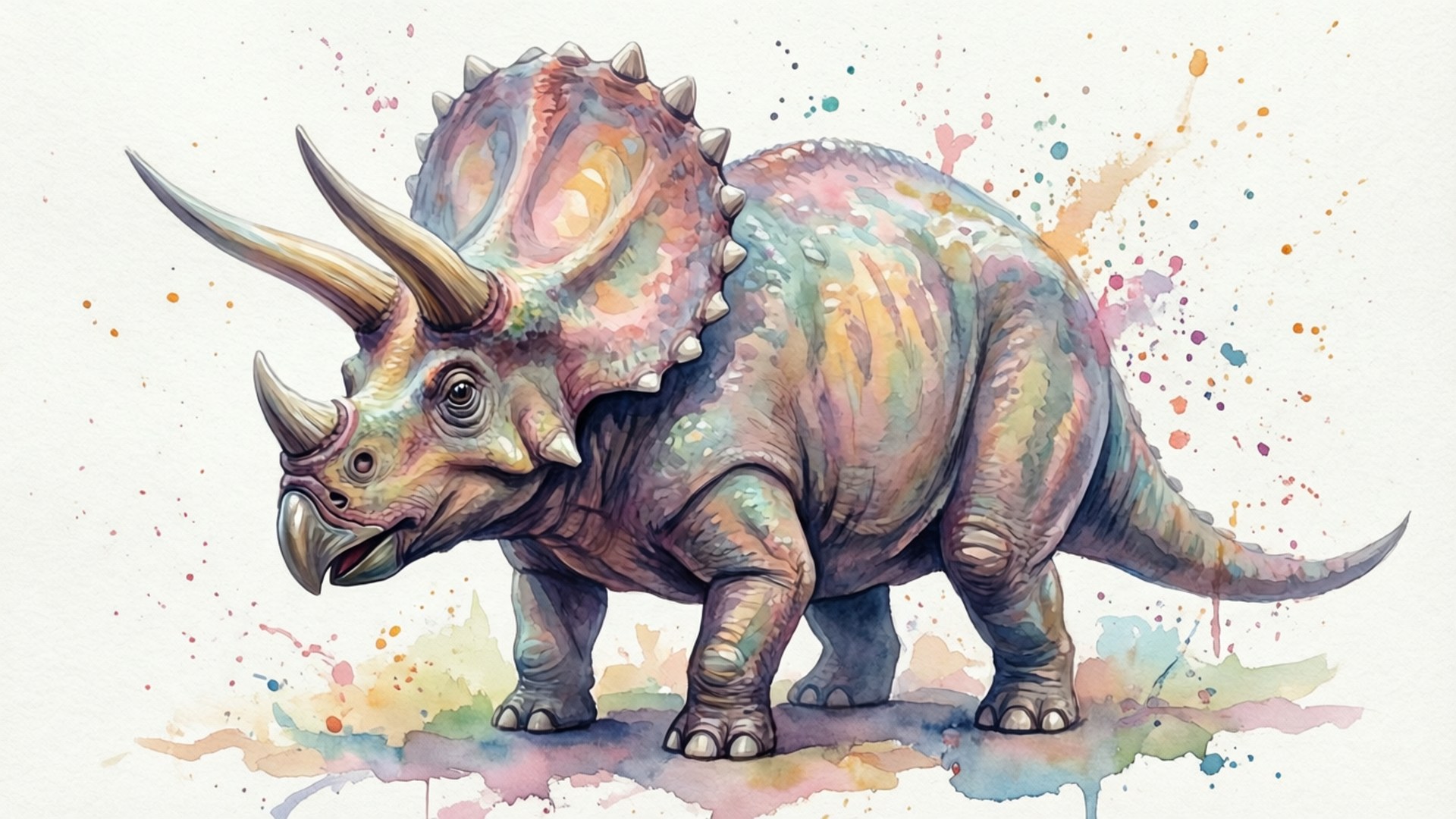 Triceratops 桌布 壁紙 — 一隻充滿活力的水彩三角龍，帶有彩色潑濺，站在純色背景前。