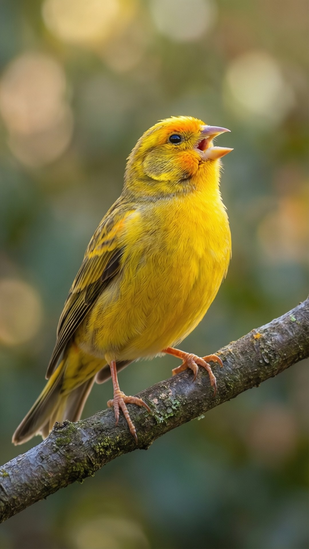 Singing Canary 壁紙 — 一隻鮮黃色的鳥棲息在長滿苔蘚的樹枝上，張開喙唱歌，背景是柔和模糊的綠色。