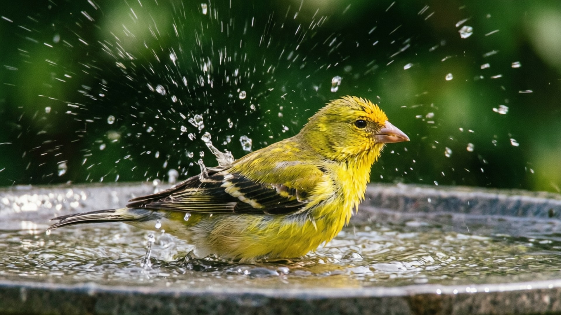 Goldfinch at Birdbath 壁紙 — 一隻鮮黃色的鳥在石頭鳥浴盆中潑水，水滴在模糊的綠色背景下飛濺。