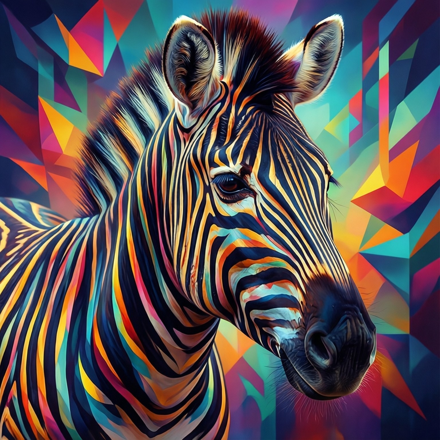 Geometric Zebra Abstraction 壁紙 — 一隻帶有彩虹條紋的斑馬，站在由尖銳三角形組成的萬花筒幾何背景前。