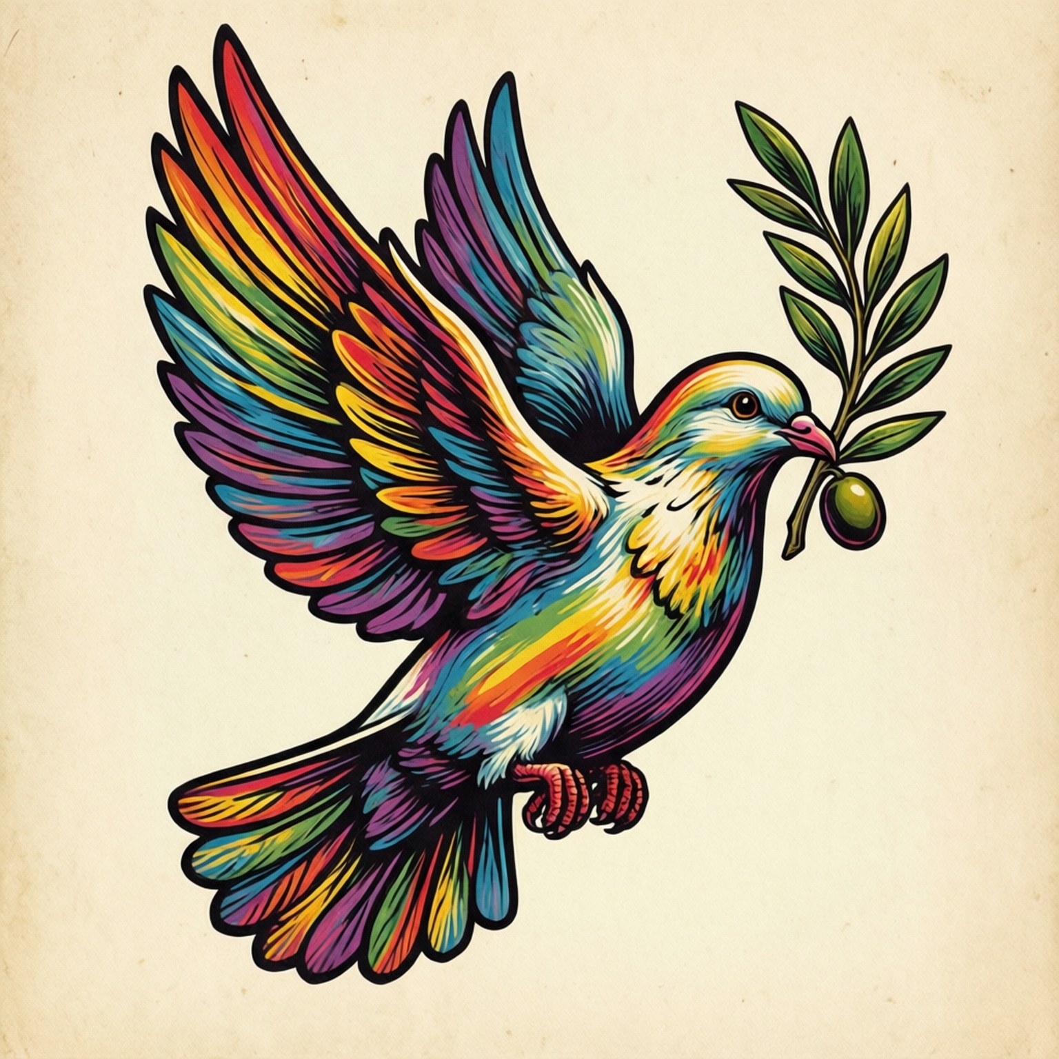 Woodstock 桌布 壁紙 — 一隻色彩鮮豔、擁有彩虹羽毛的鴿子，在帶有紋理的米色背景上飛翔，嘴裡叼著一根橄欖枝。