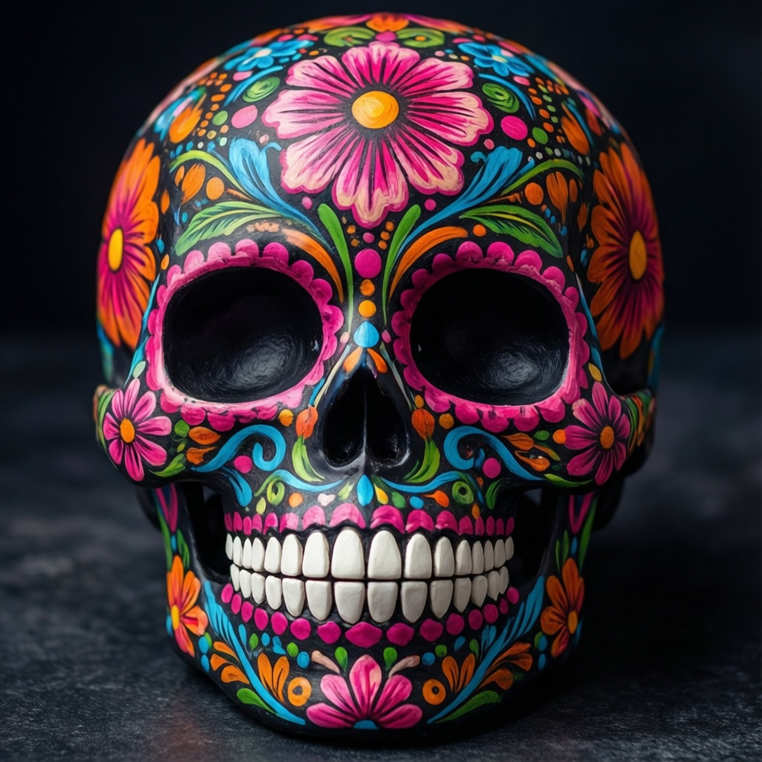 Sugar Skull Art 壁紙 — 一個色彩鮮豔的糖骷髏，飾有粉紅色、橙色和藍色的花朵，背景為深色。