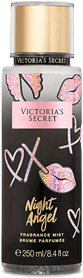 維多利亞的秘密 桌布 壁紙 — Victoria's Secret Night Angel 香水噴霧瓶，黑色標籤上帶有閃亮嘴唇、心形和化妝刷圖案。