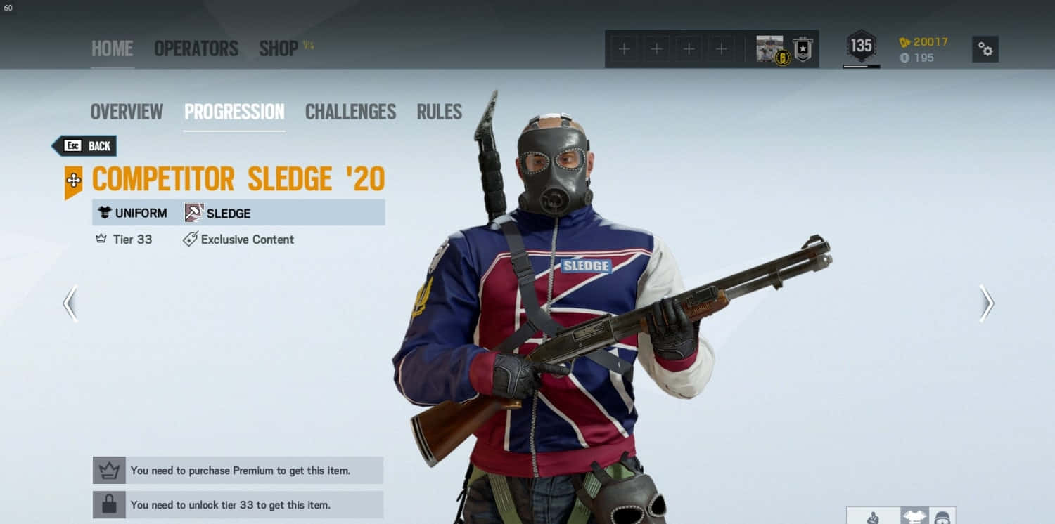 Rainbow Six Siege Sledge 桌布 壁紙 — 一個穿著英國國旗外套和防毒面具的電子遊戲角色，在UI背景前拿著步槍。