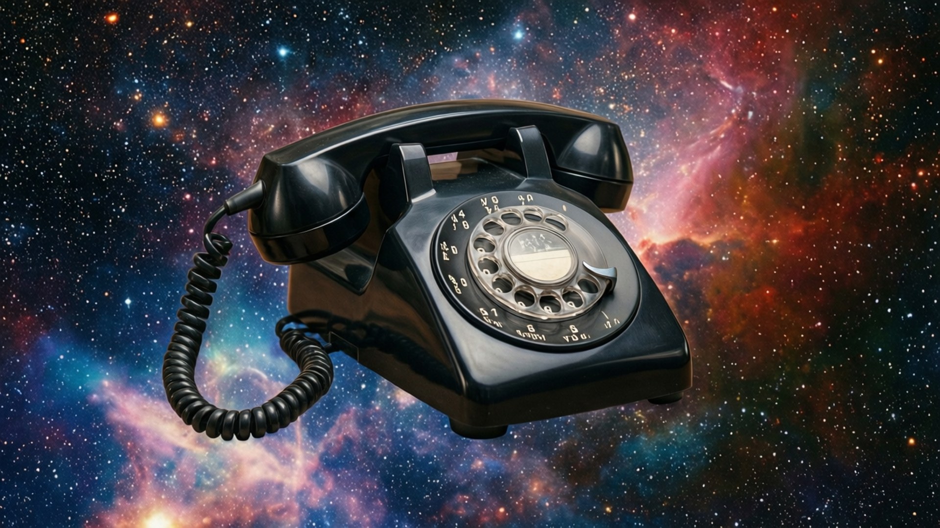Cosmic Rotary Call 壁紙 — 一部復古黑色旋轉撥號電話漂浮在充滿星星和旋轉的紅色、藍色和紫色雲彩的鮮豔宇宙星雲前。