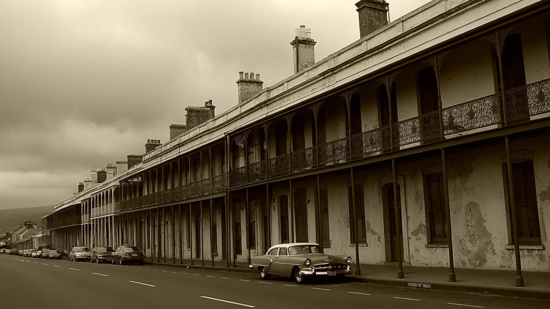 Strand Road Colonial 壁紙 — 一輛老爺車停在一長排風化的殖民風格建築前，建築帶有華麗的陽台，天空多雲。