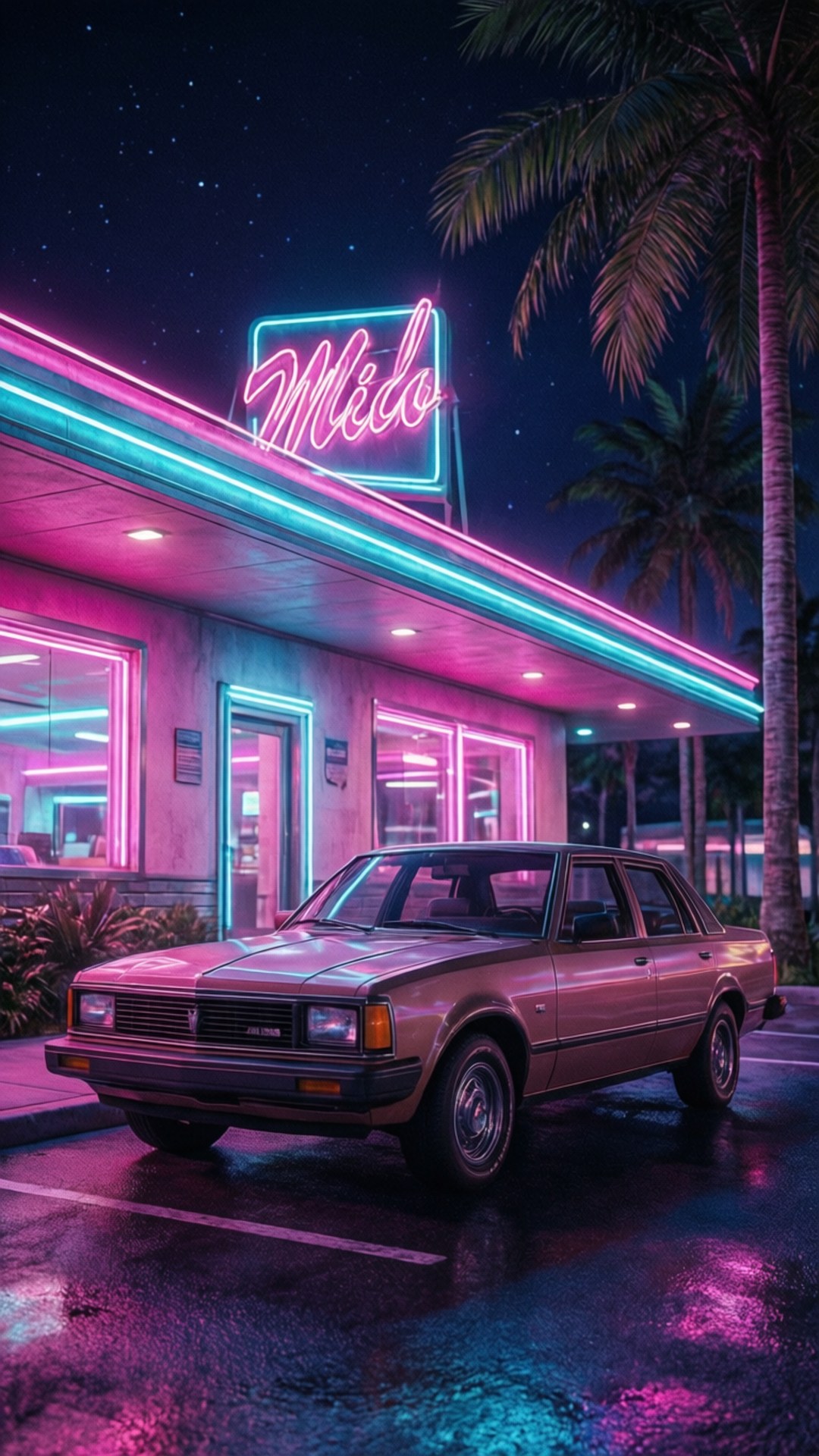Retrowave Diner 壁紙 — 一輛老爺車在雨夜停泊在棕櫚樹和星空下的復古汽車旅館，霓虹燈牌寫著Mido。