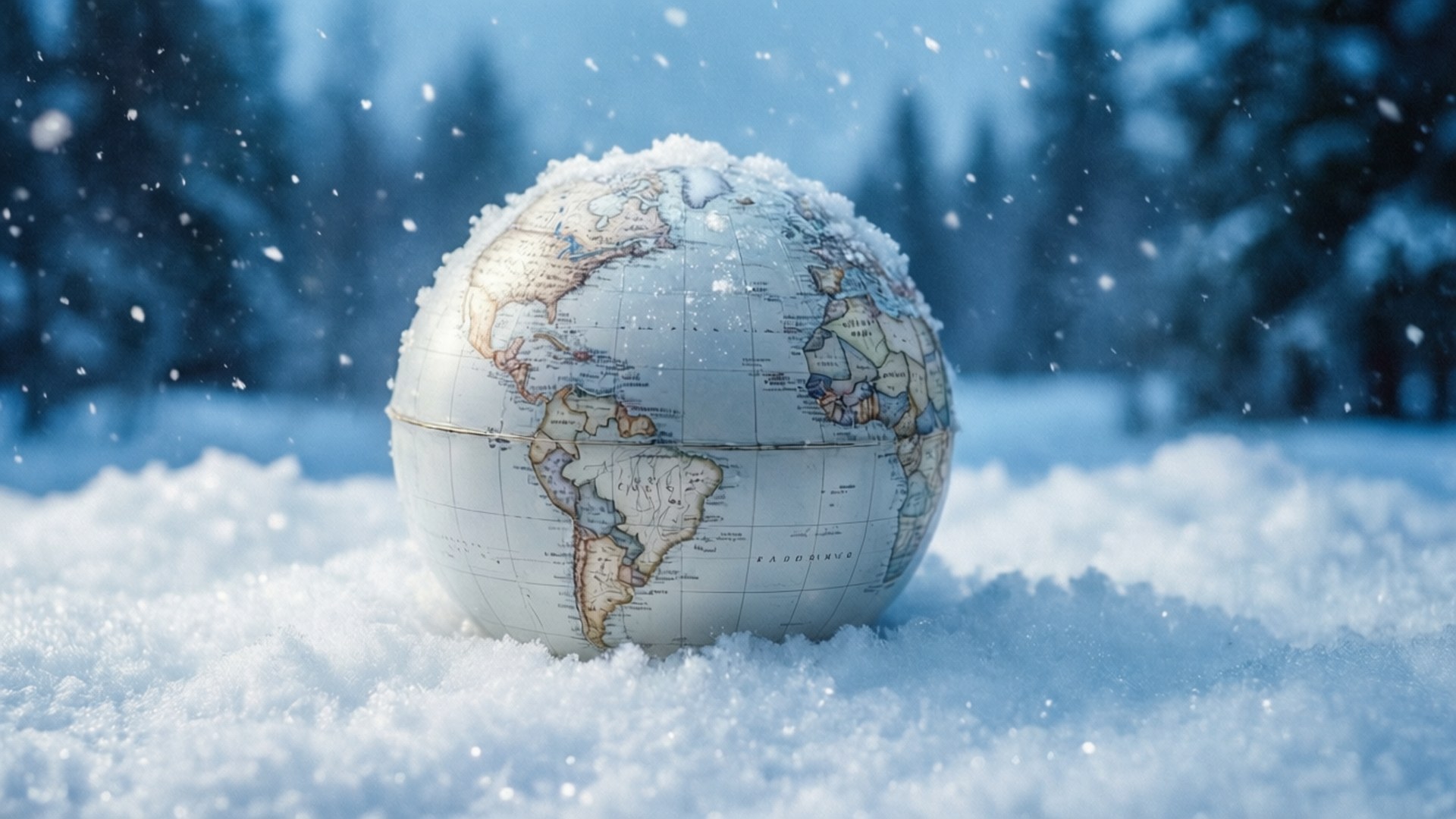 冬季森林中一個被雪覆蓋的地球儀和飄落的雪。