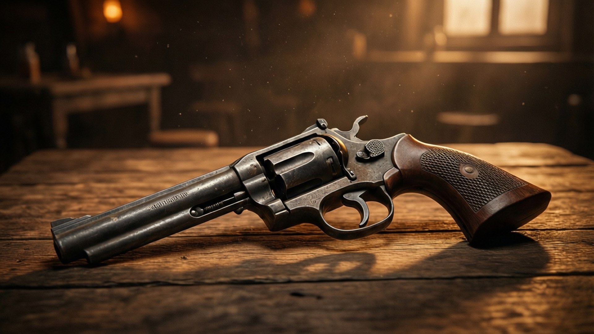 Saloon Revolver Still Life 壁紙 — 一把復古左輪手槍，木製握把，放在經風化的木桌上，溫暖的金色光線中灰塵微粒在空中飄浮。