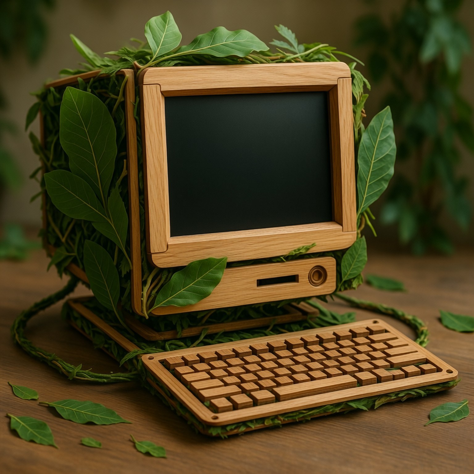 Eco Organic Computer 壁紙 — 一部復古木製電腦，綠色葉子在框架和鍵盤周圍生長，放在木桌上。