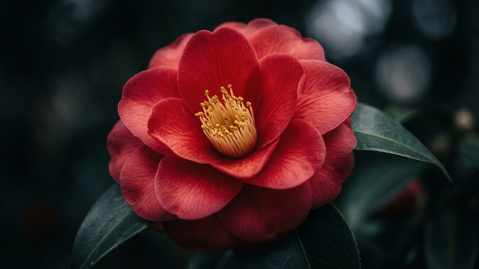 Dark Red Camellia Sasanqua 壁紙 — 一朵鮮紅色的山茶花帶有金色雄蕊，在黑暗模糊的背景中綻放。