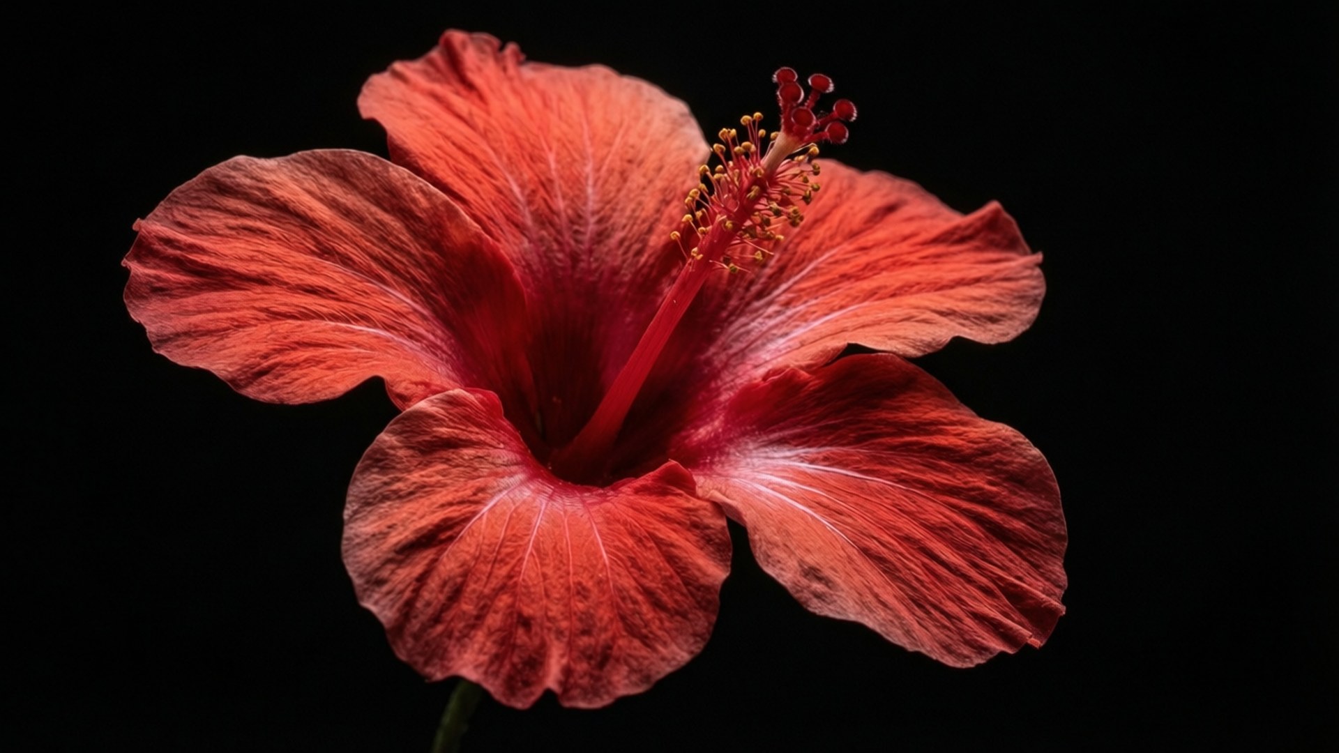 Red Hibiscus on Black 壁紙 — 一朵鮮紅色的芙蓉花，帶有紋理的花瓣和詳細的雄蕊中心，在純黑色背景上脫穎而出。