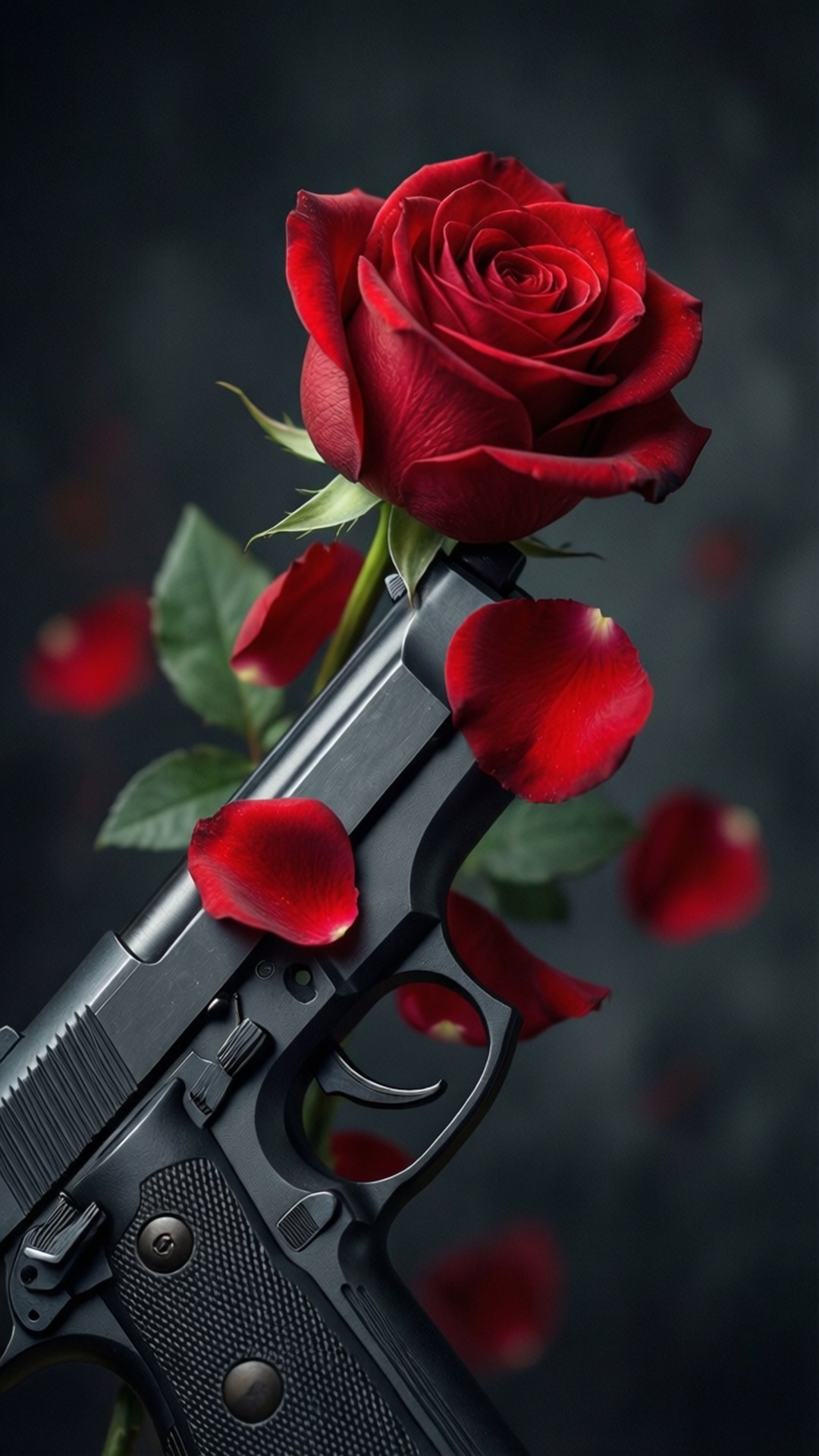 Gun and Rose Romance 壁紙 — 一朵鮮豔的紅玫瑰在黑色手槍上盛開，散落的花瓣襯托著陰暗的背景。