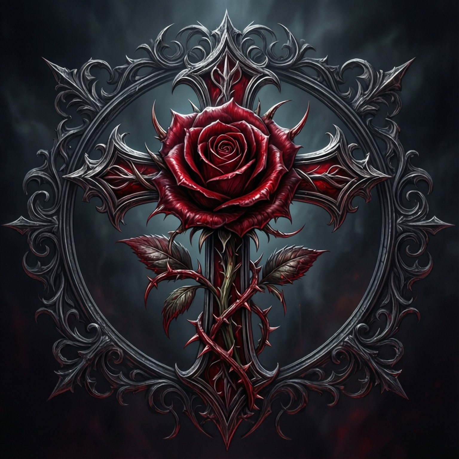 Rose Cross 壁紙 — 一朵帶刺的鮮紅玫瑰在華麗的銀色十字架中心綻放，背景是黑暗風暴。