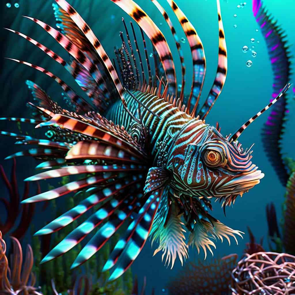  壁紙 — 一條色彩鮮豔的獅子魚，帶有條紋鰭，在碧藍海水中的珊瑚礁間滑行。