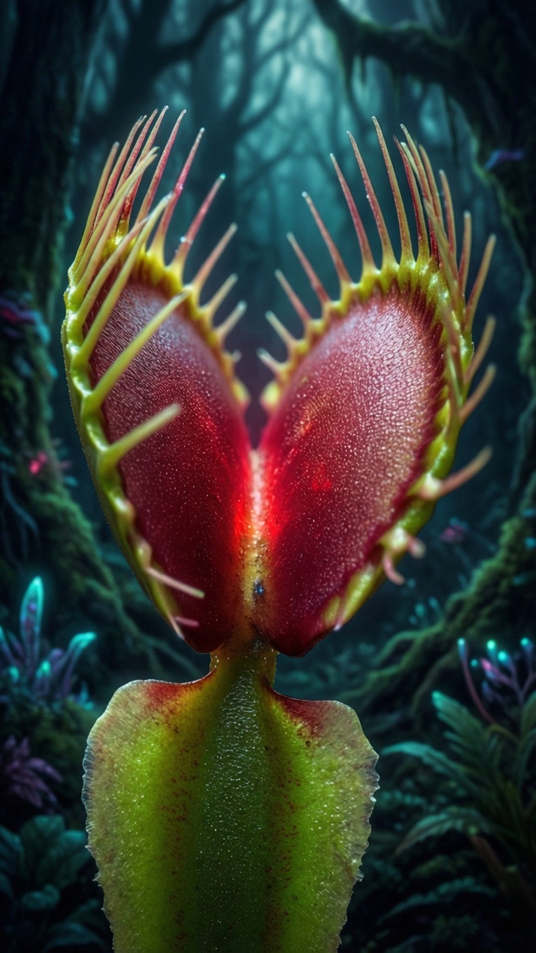 Bioluminescent Venus 壁紙 — 在迷霧黑暗森林中，一株細節生動的捕蠅草散發著內部的紅光。
