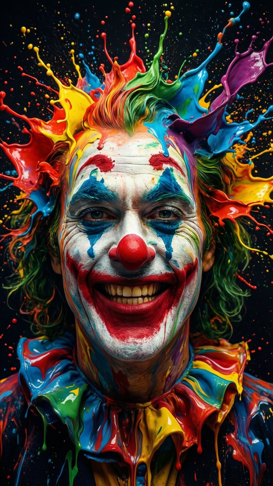 ICP 桌布 壁紙 — 一個色彩鮮豔的小丑，咧嘴大笑，彩虹顏料從他的頭髮和衣服上飛濺出來，背景是黑色的。