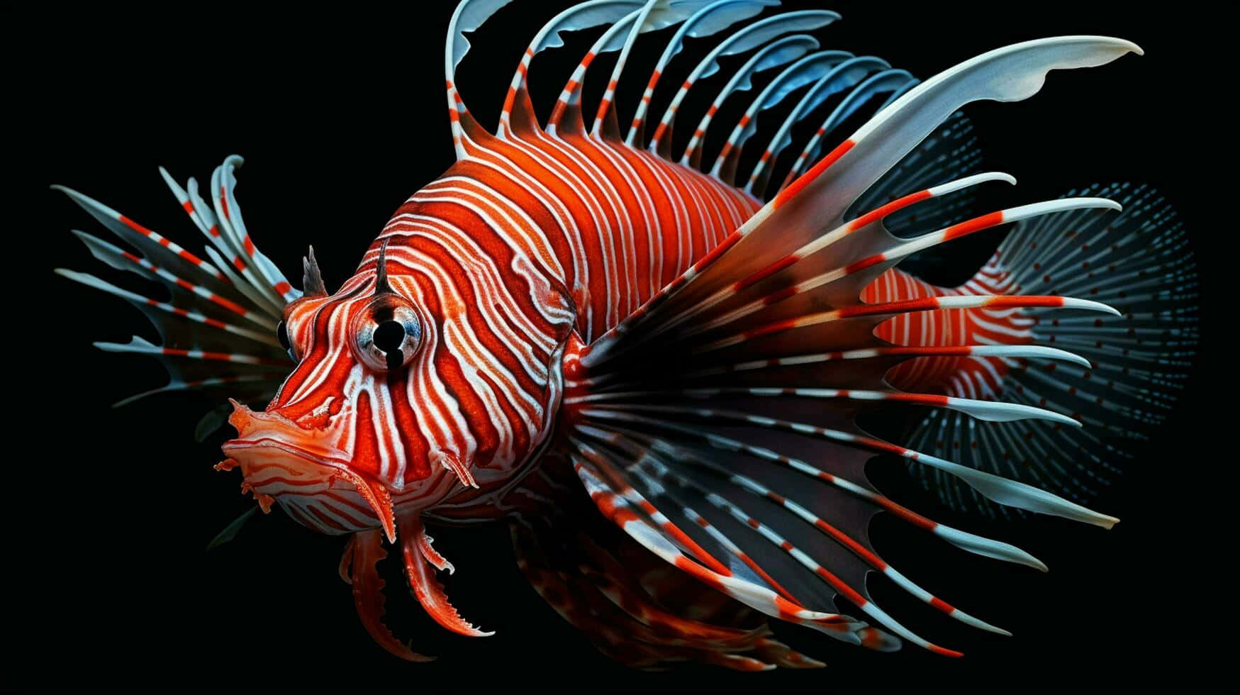  壁紙 — 一條色彩鮮豔的條紋獅子魚，帶有紅、白、藍色的鰭，在純黑色背景上展開其有毒的刺。
