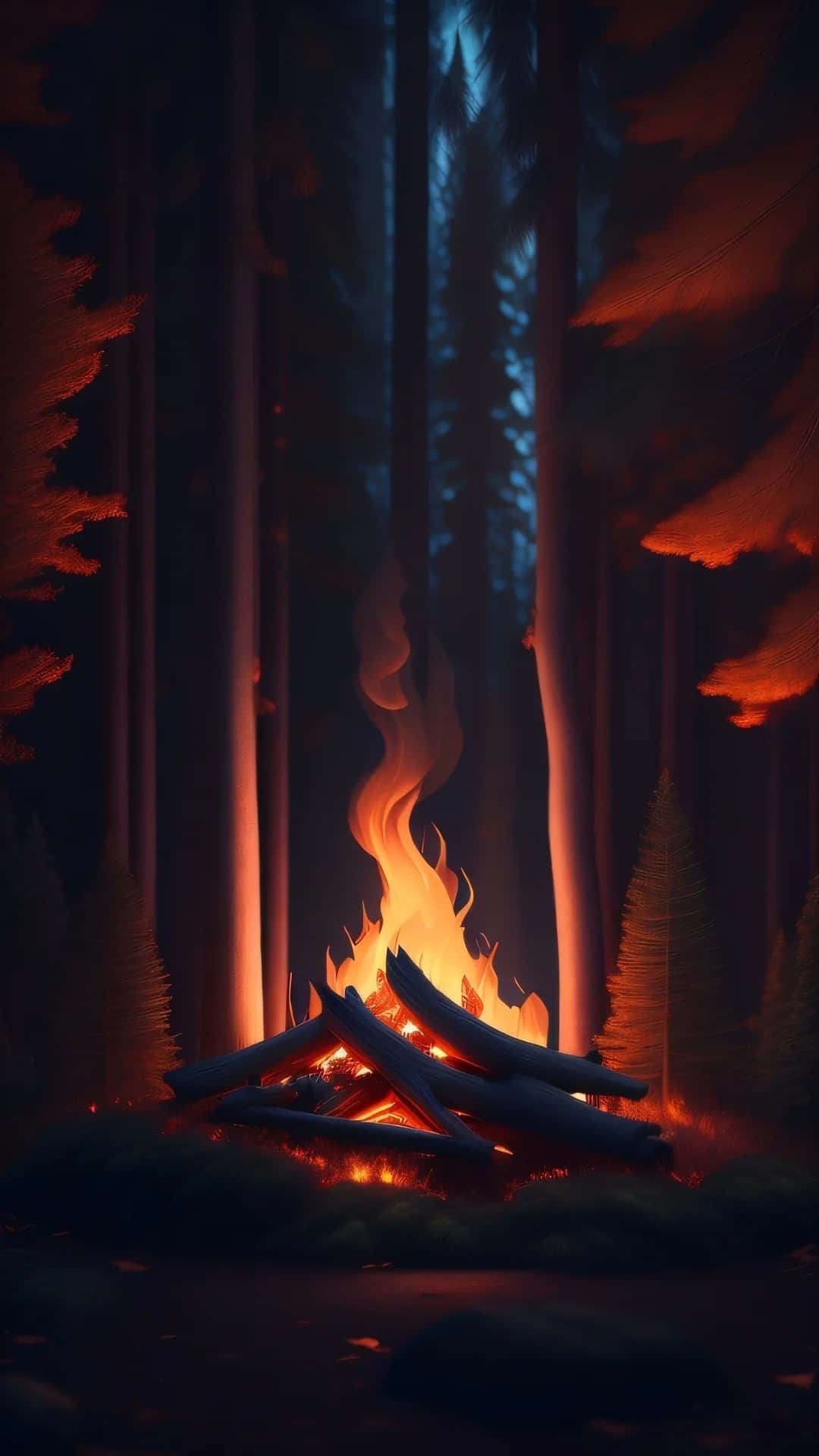  壁紙 — 溫暖的營火在黑暗的森林中劈啪作響，在深藍色的夜空下，將橙色的光芒投射在高聳的樹木上。