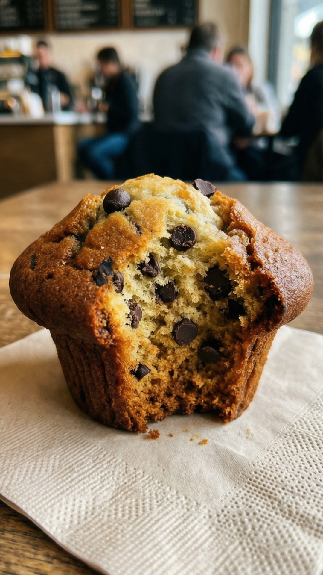 Bitten Chocolate Muffin 壁紙 — 一個溫暖的巧克力豆鬆餅，頂部被咬了一口，放在舒適咖啡館的紋理餐巾上。
