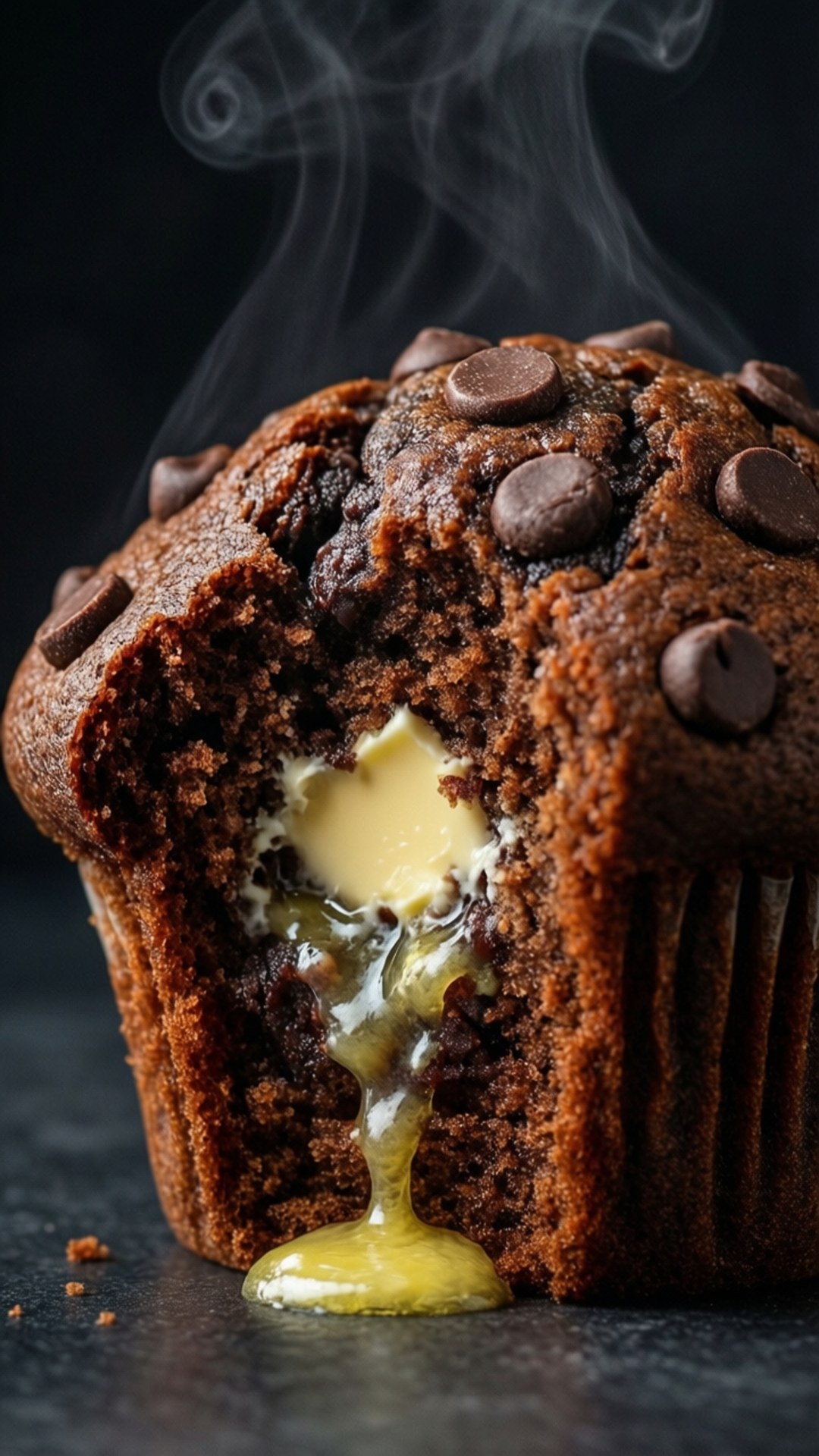 Decadent Chocolate Chip Muffin 壁紙 — 一個溫暖的巧克力碎片鬆餅，中心有融化的奶油流出，背景深色，有上升的蒸氣。