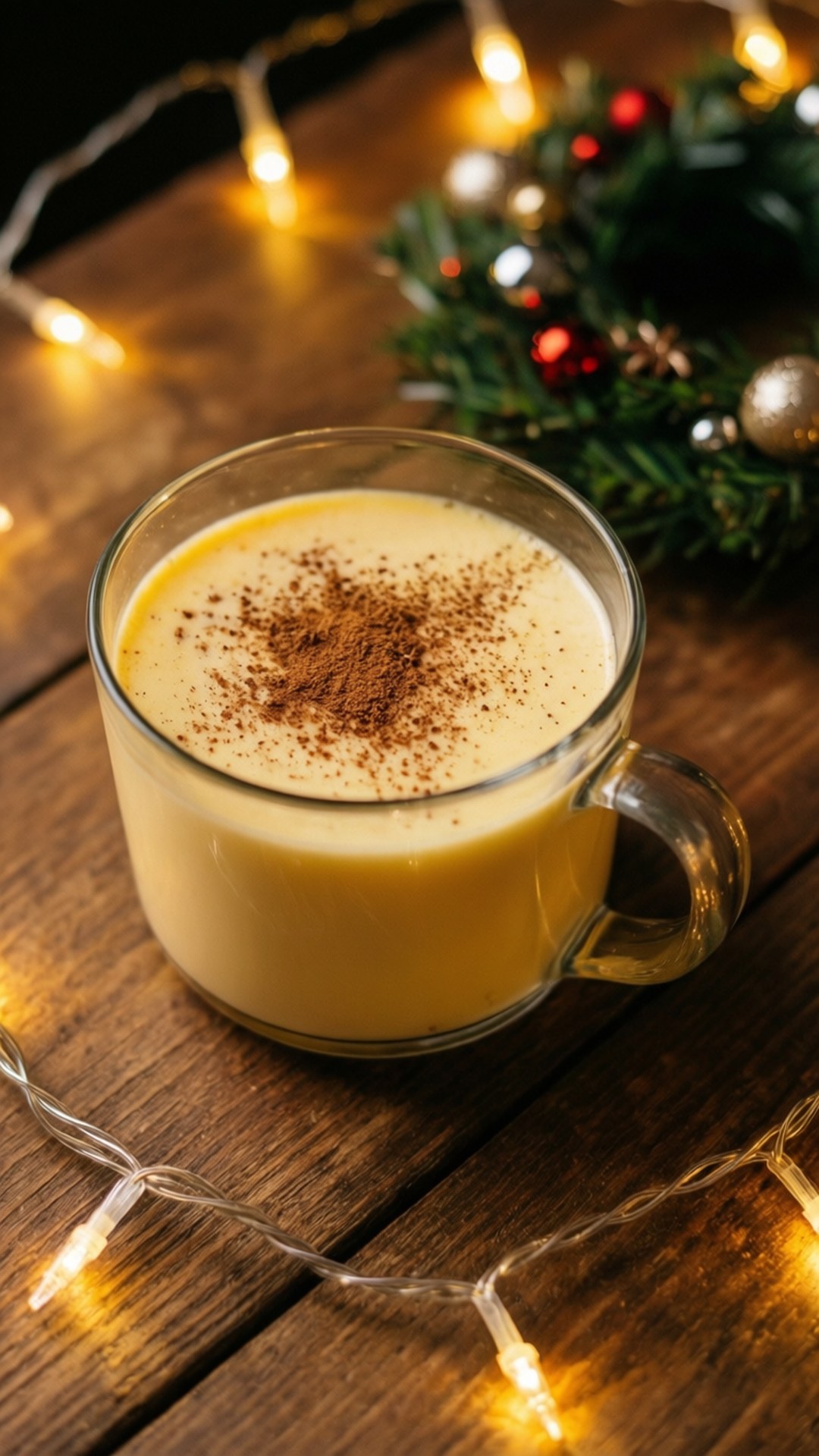 Eggnog Christmas Mug 壁紙 — 一杯溫暖的玻璃杯裝著奶油蛋酒，上面撒有肉桂，放在質樸的木桌上，旁邊有閃爍的仙女燈和一個節日綠色花環，飾有紅色和銀色裝飾。