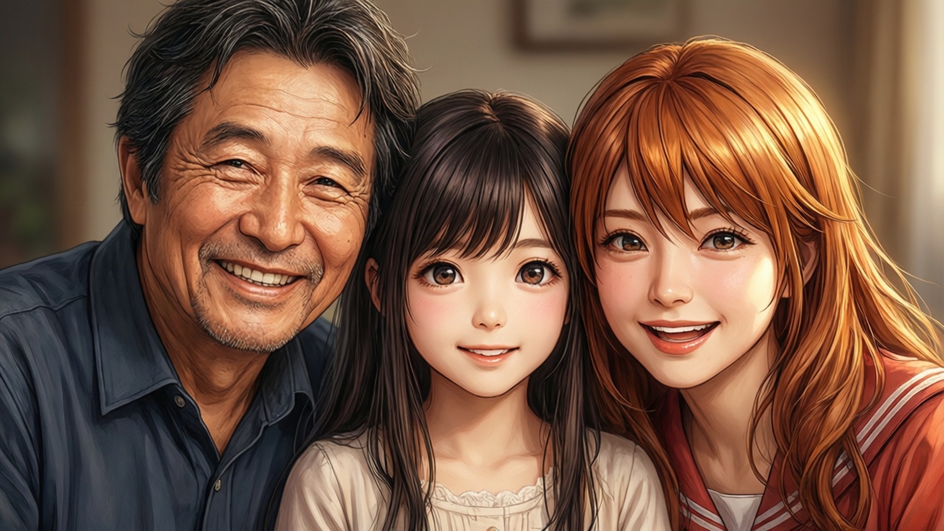 Family Bonding 壁紙 — 一位長者、一位年輕女孩和一位年輕女性在舒適的室內環境中一起微笑的溫暖肖像。