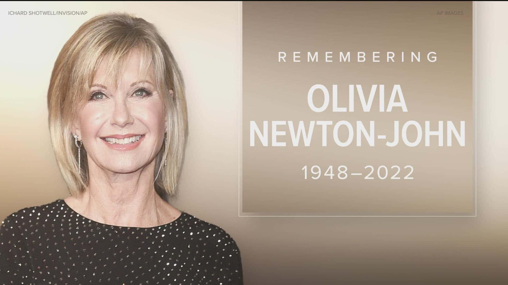Famous 桌布 壁紙 — Olivia Newton-John 的溫暖肖像，在紀念她一生 1948-2022 的文字旁溫柔微笑。