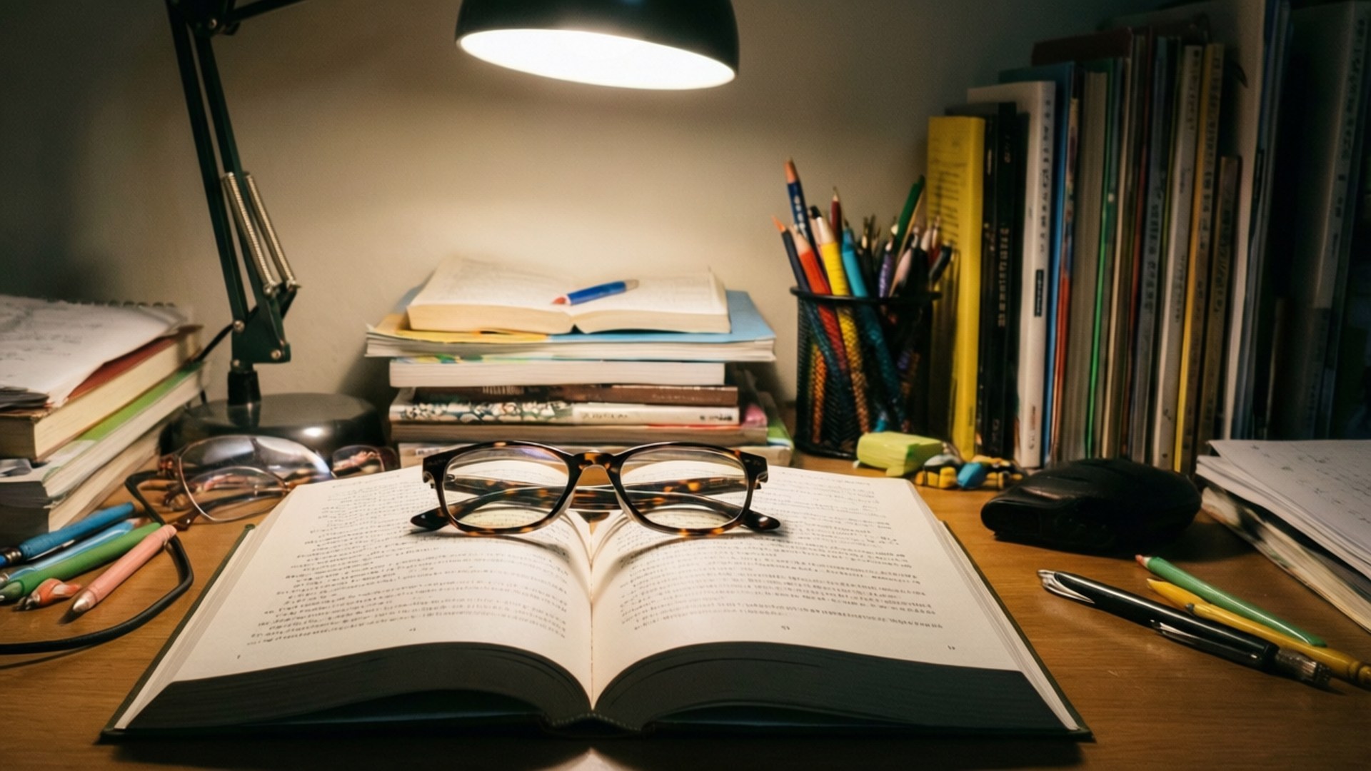 Study Desk 壁紙 — 一張溫暖照明的書桌上有一本打開的書，書上放著眼鏡，周圍堆滿了書本、鉛筆和一盞散發柔和光線的燈。