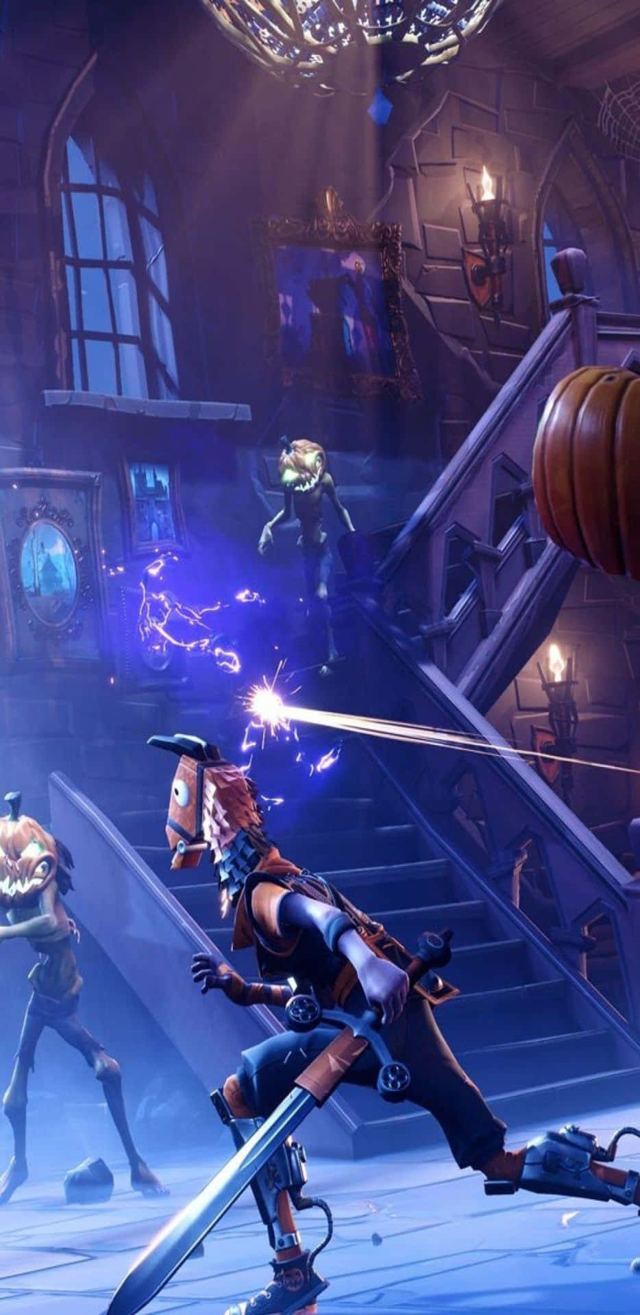 一名戰士在哥德式大宅中用魔法火花對抗發光的骷髏。 — Fortnite 壁紙