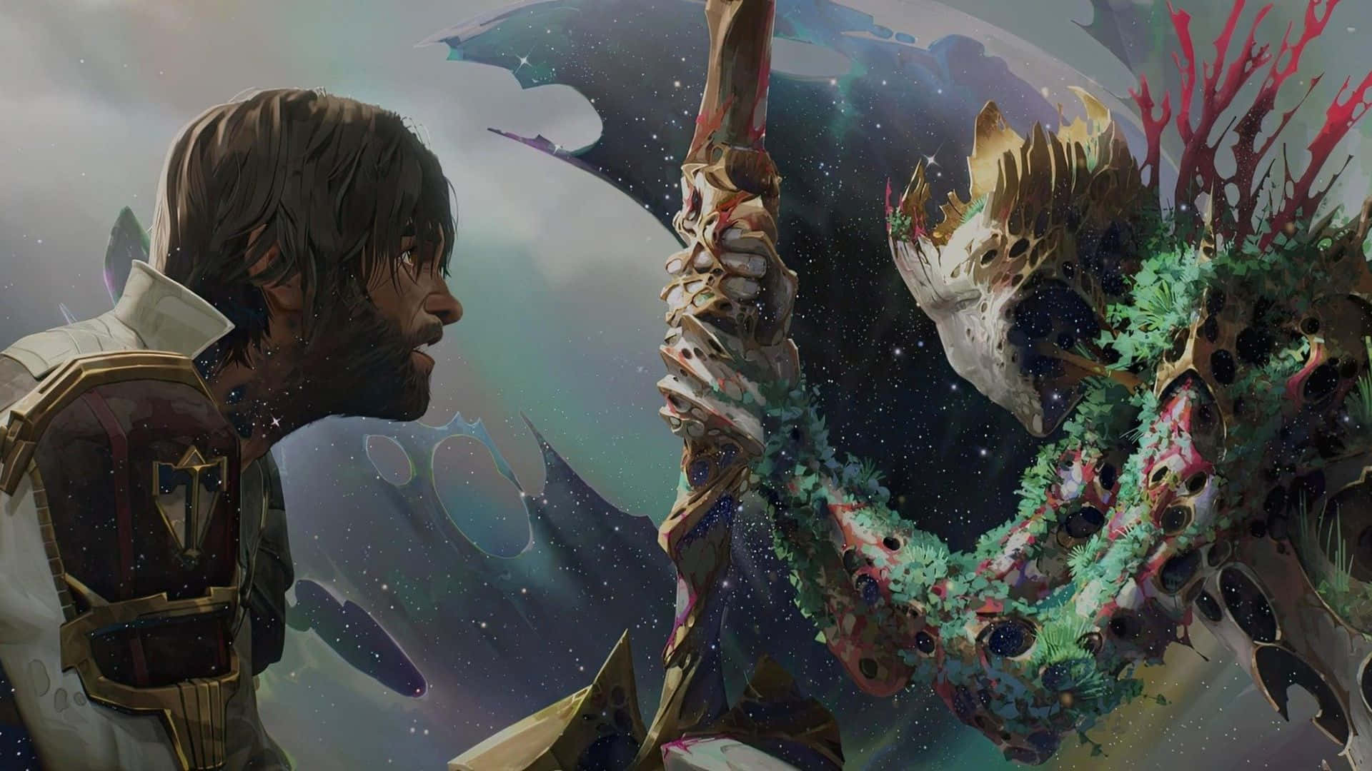  壁紙 — 一名身穿盔甲的戰士凝視著一個宇宙中、覆蓋著珊瑚的外星生物，背景是繁星點點的星雲。