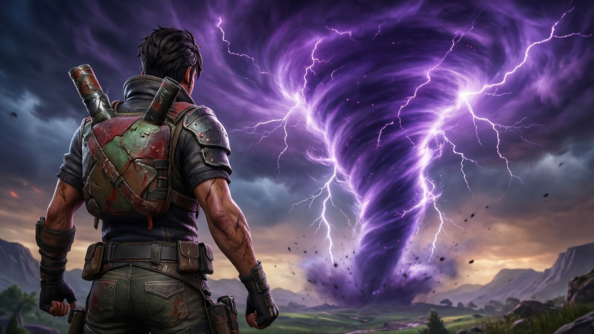 Storm Approach Calamity 壁紙 — 一名身穿戰鬥磨損盔甲的戰士站在那裡，面對著在山區景觀上空盤旋的巨大紫色閃電風暴。