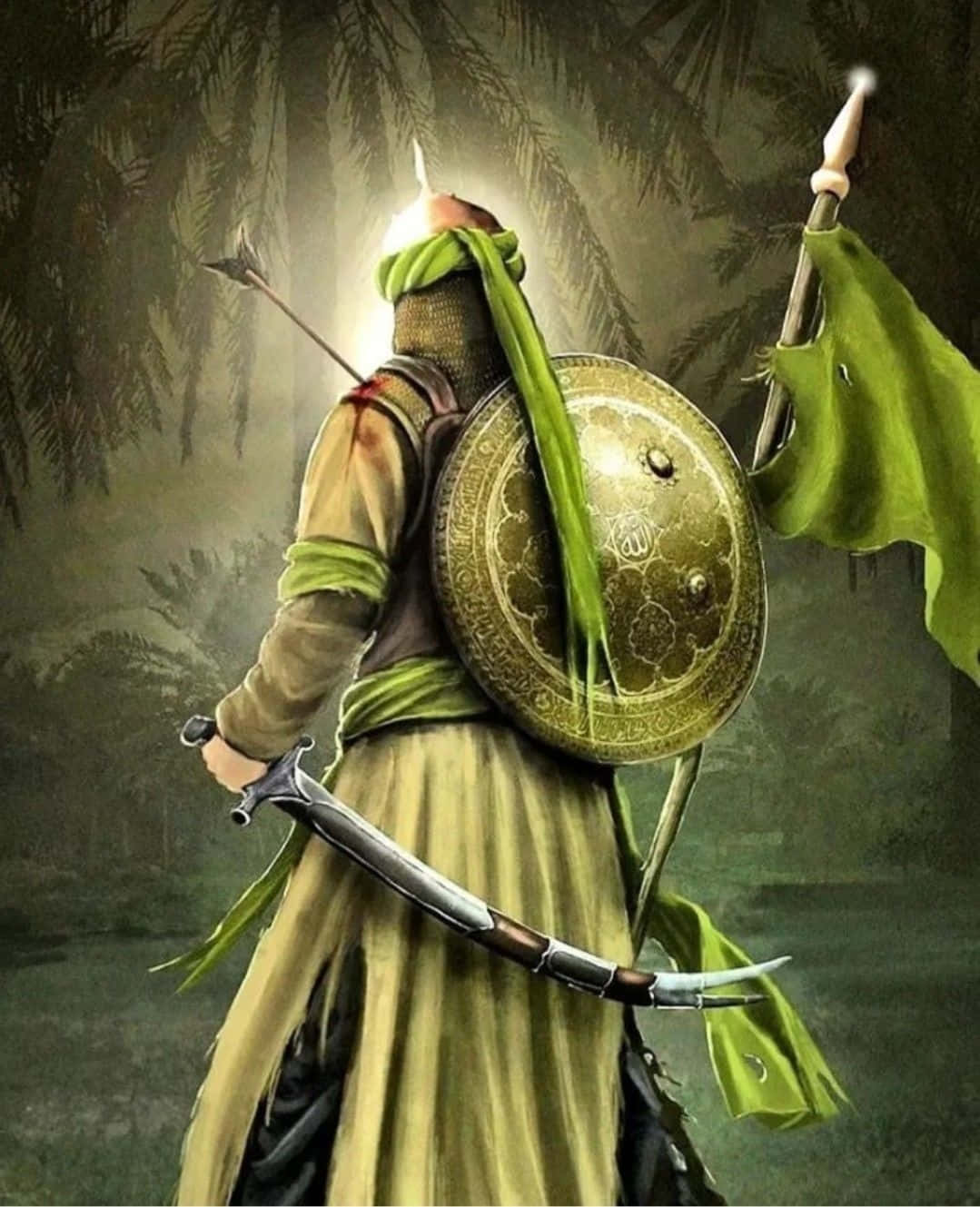  壁紙 — 一名身穿綠色和金色盔甲的戰士在叢林中背光站立，手持彎曲的劍和華麗的盾牌。