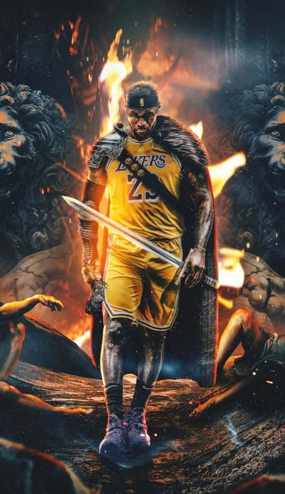 籃球運動員化身戰士，手持劍，被火焰和石獅環繞。 — King Lebron James 壁紙