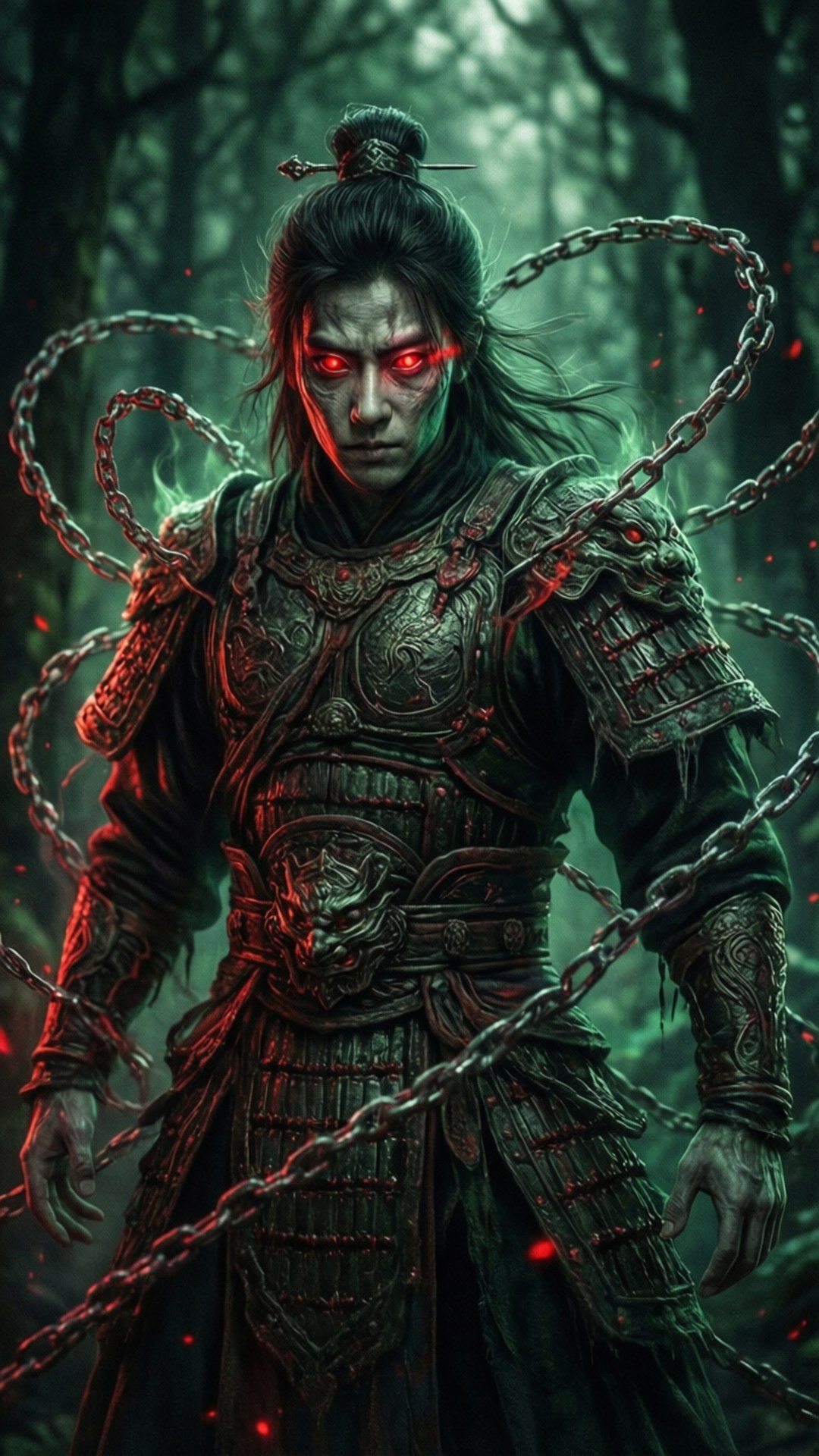 Ghost General Rises 壁紙 — 一名身穿華麗暗色盔甲、雙眼發紅光的戰士，在迷霧籠罩的綠色森林中被沉重的鎖鏈束縛著。