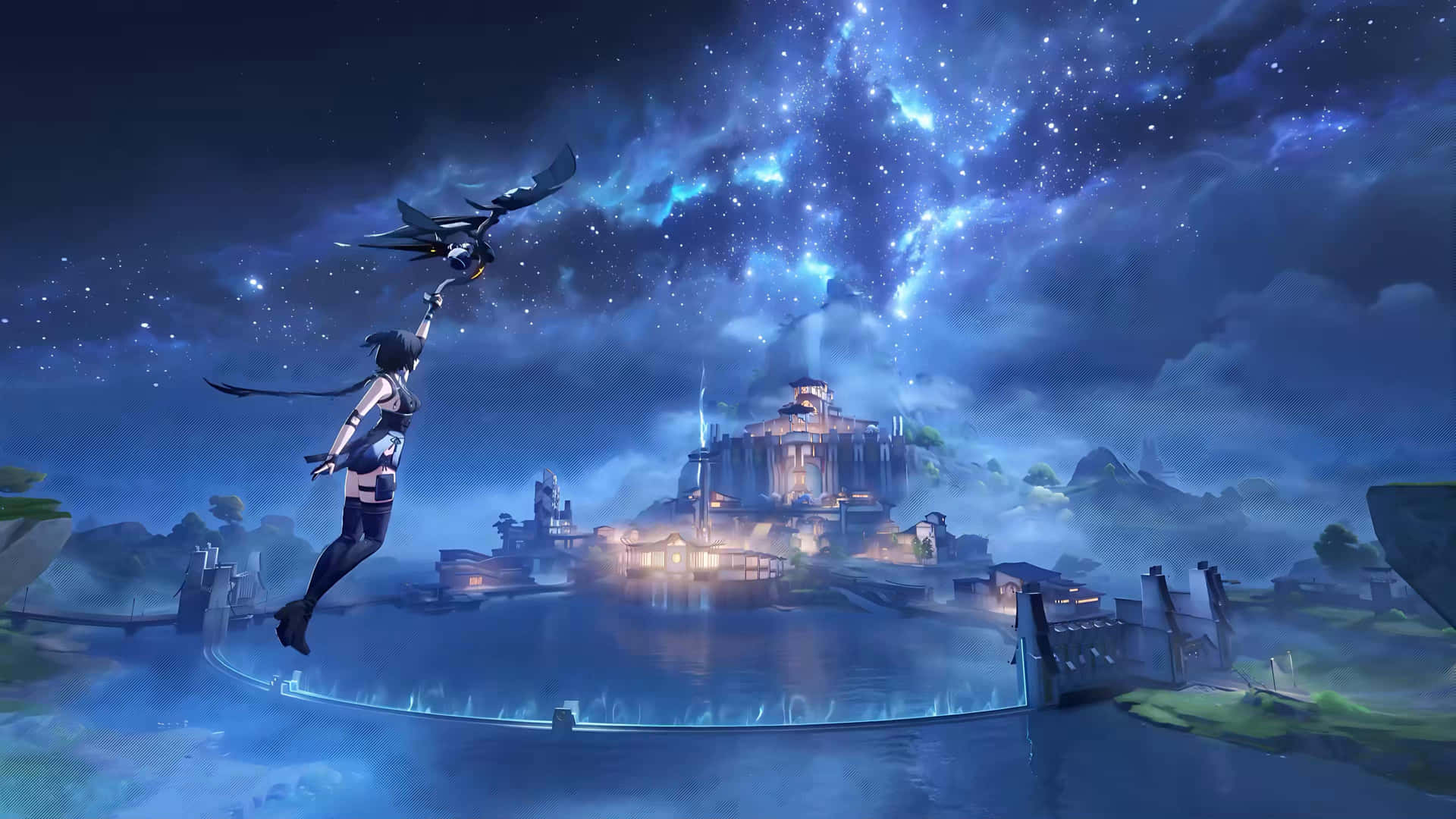  壁紙 — 一名戰士在星空下跳過發光的橋樑，朝向一座發光的浮空城市。